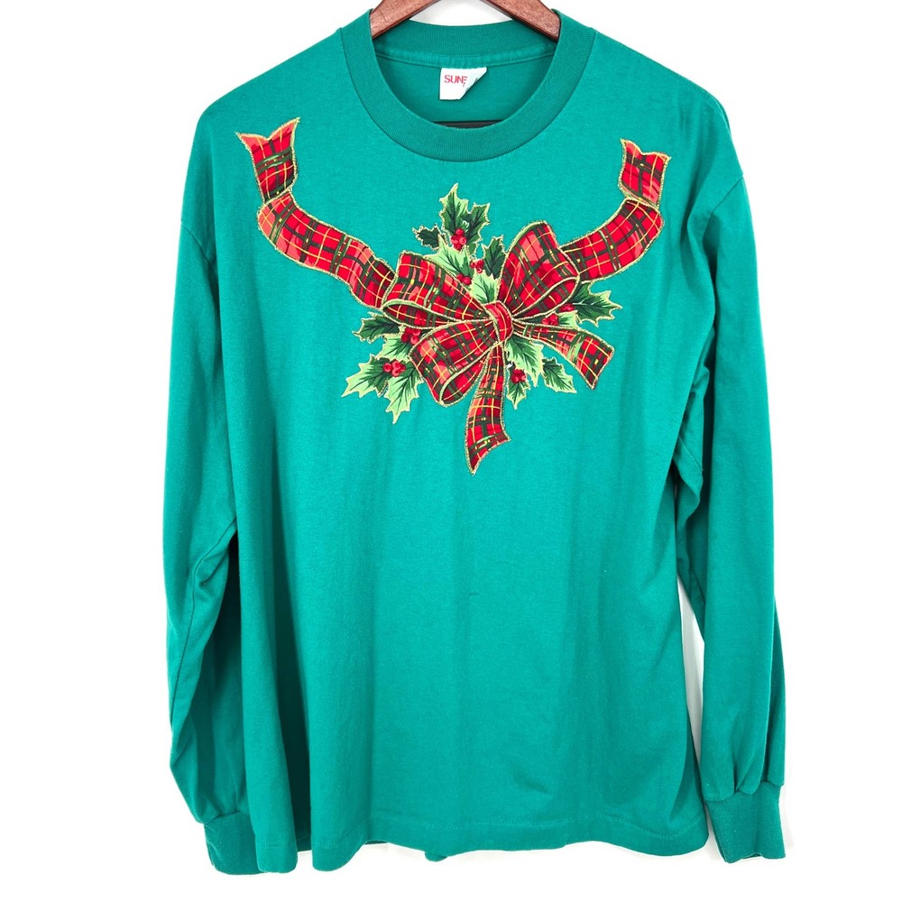 Vintage Sunbelt Sportswear Women’s Size XL Christmas Bow Plaid Blouse Shirt Top